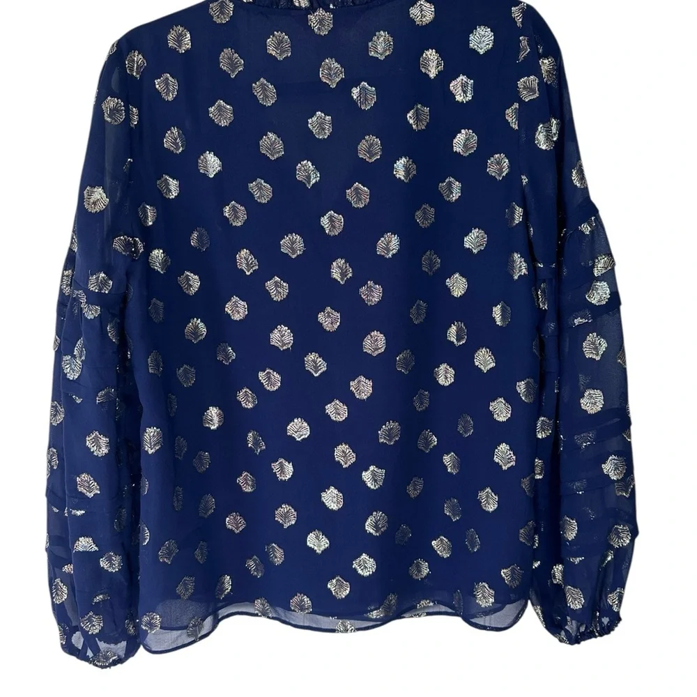 Lilly Pulitzer Giana Silk Top Navy and Gold V Neck Balloon Puff Long Sleeve SZ S
